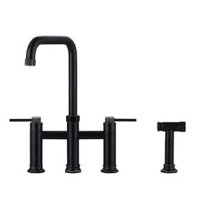 Oil Rubbed Bronze Double Handle High-Arc Widespread Deck Mounted Kitchen Faucet With Side Spray in Brass