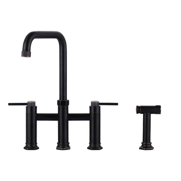 ARCORA Oil Rubbed Bronze Double Handle High-Arc Widespread Deck Mounted Kitchen Faucet With Side Spray in Brass