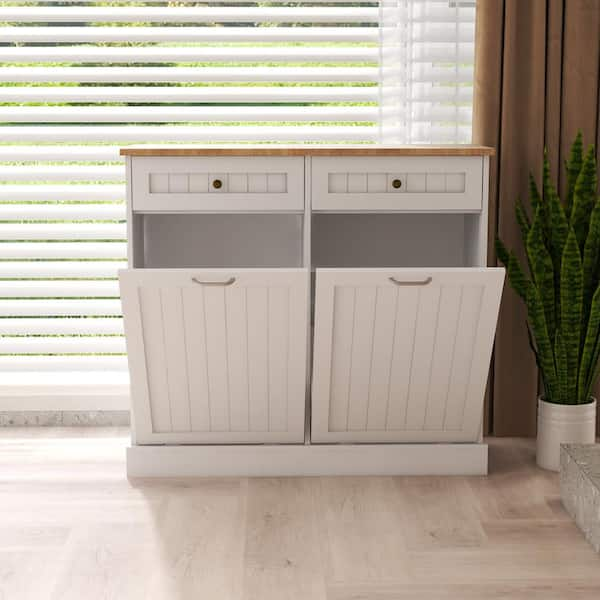 HUTWIFE Double Tilt Out Trash Cabinet with Hideaway Drawer, Free Standing  Laundry Hamper Kitchen Trash Can Holder Trash Bin Cabinet 