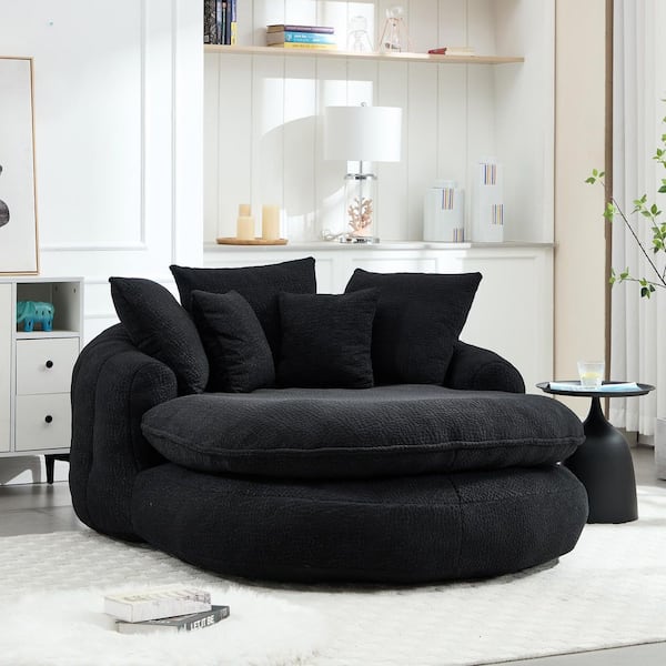 Modern Black Chenille Oversized Oval Upholstered Bean Bag Sofa with 5 Pillows