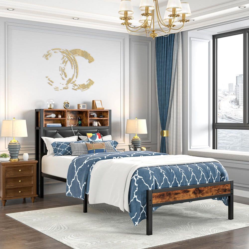Bed Frame with Headboard, Brown Metal Frame Queen Platform Bed with USB Charging, LED Lights, No Box Spring Needed - thumbnail 4