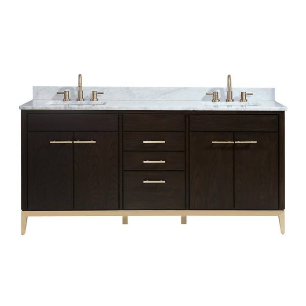 Avanity Hepburn 73 in. W x 22 in. D Bath Vanity in Dark Chocolate with Marble Vanity Top in Carrara White with Basins