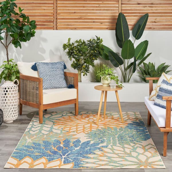 Aloha Blue Green 5 ft. x 8 ft. Floral Contemporary Indoor/Outdoor Area Rug