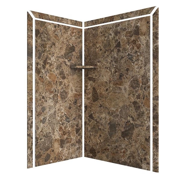 Elegance 36 in. x 48 in. x 80 in. 7-Piece Easy Up Adhesive Corner Shower Wall Surround in Breccia Paradiso