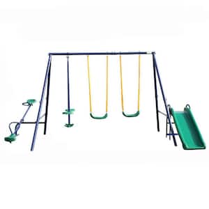 Blue 5 in 1 Outdoor Metal Swing Set with Glider, Slide and Teeter-totter