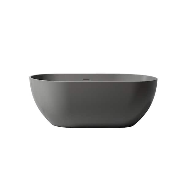 ANGELES HOME 59 in. x 29.5 in. Solid Surface Stone Resin Freestanding Soaking Bathtub with Center Drain in Dark Grey