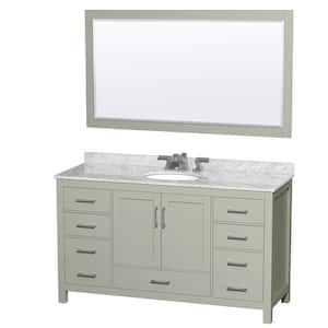 Sheffield 60 in. W x 22 in. D x 35 in. H Single Bath Vanity in Light Green w/ White Carrara Marble Top and 58 in. Mirror