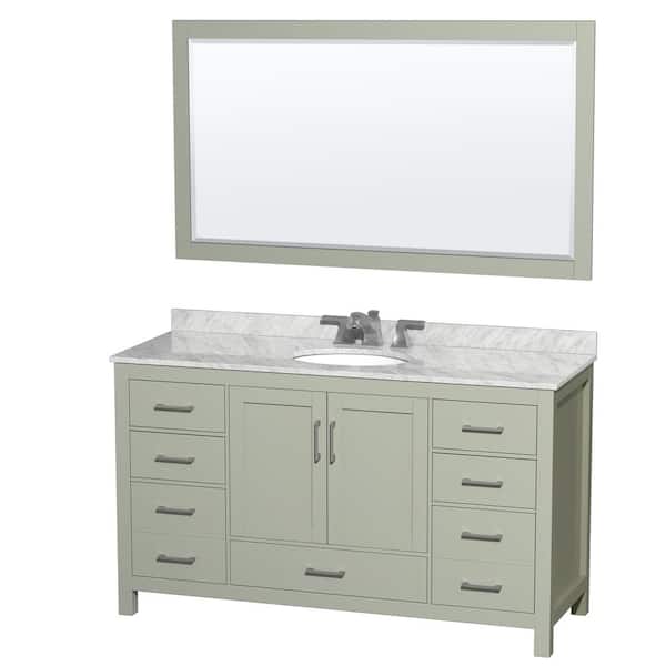 Wyndham Collection Sheffield 60 in. W x 22 in. D x 35 in. H Single Bath Vanity in Light Green w/ White Carrara Marble Top and 58 in. Mirror