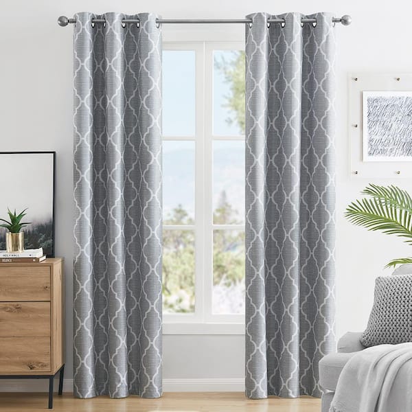 LiGHTSOUT with EnerShield Technology Trellis Gray 38 in. W x 95 in. L Grommet 100% Blackout Curtain (Single Panel)