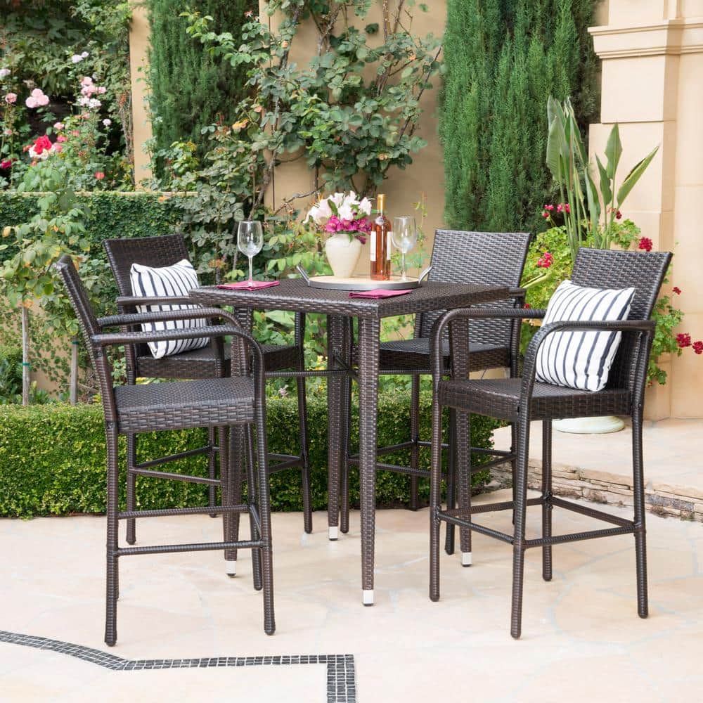 Noble House Multi Brown 5 Piece Wicker, Outdoor Rattan Bar High Table And Chairs For Garden