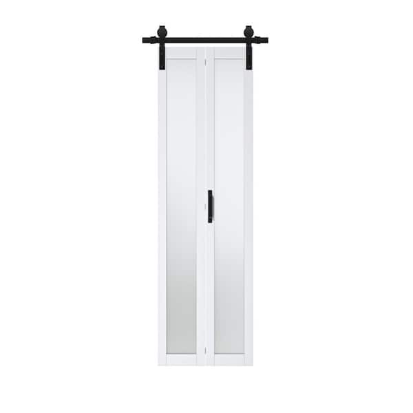 ARK DESIGN 25 in. x 84 in. 1 Lite Tempered Frosted Glass White Finished Composite MDF Bi-Fold Sliding Barn Door with Hardware Kit