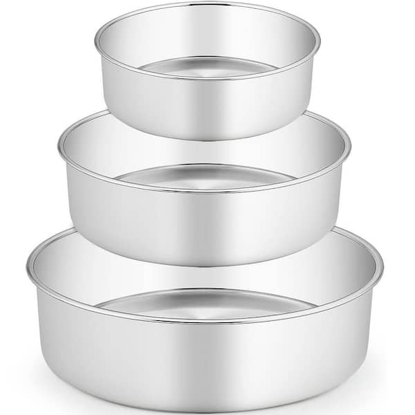3-Cup Stainless Steel Round Cake Pan Set Non-Toxic Heavy Duty One-Piece Deep Side Mirror Finish Dishwasher Safe