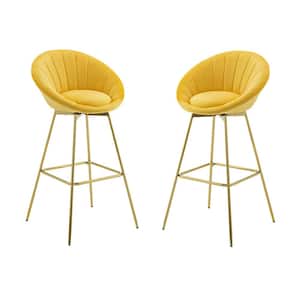 Modern 37.99 in. Height Yellow Velvet Round Swivel Bar Stools with 4-Metal Foots and Low Back (Set of 2)