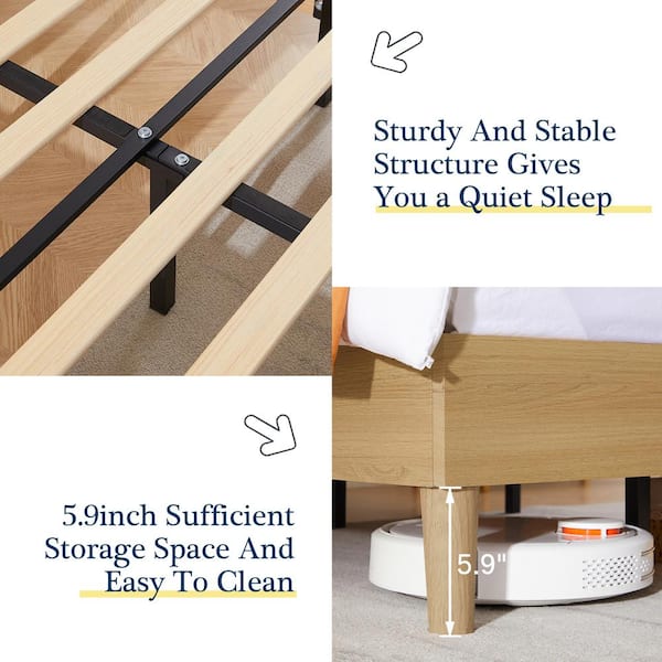Upholstered Bed Frame with Linen Fabric Headboard, Strong Wood Slats Supports Platform Bed, Twin Size Bed, Beige