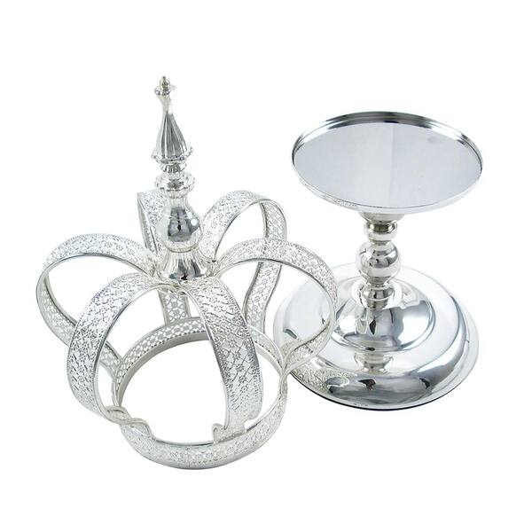Large Silver Table Decor Decorative Crown Crystal Bead Metal Accent Piece 16 in.