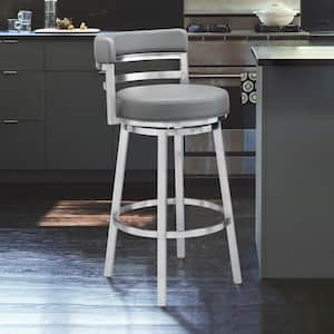 Rayner Contemporary 30 in. Bar Height in Brushed Stainless Steel Finish and Grey Faux Leather Bar Stool