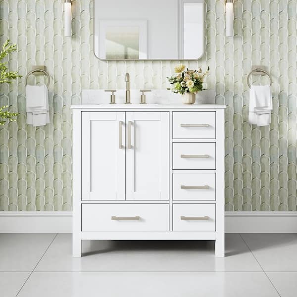 36 in. Freestanding White Solid Wood Bath Vanity with Durable Carrara White Cultured Marble Top, Soft-Close, Assembled
