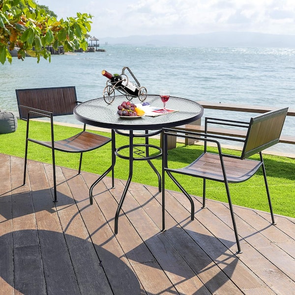 FORCLOVER 32 in. Patio Tempered Glass Steel Frame Round Outdoor Dining Table with Convenient Umbrella Hole CHY 657 The Home Depot