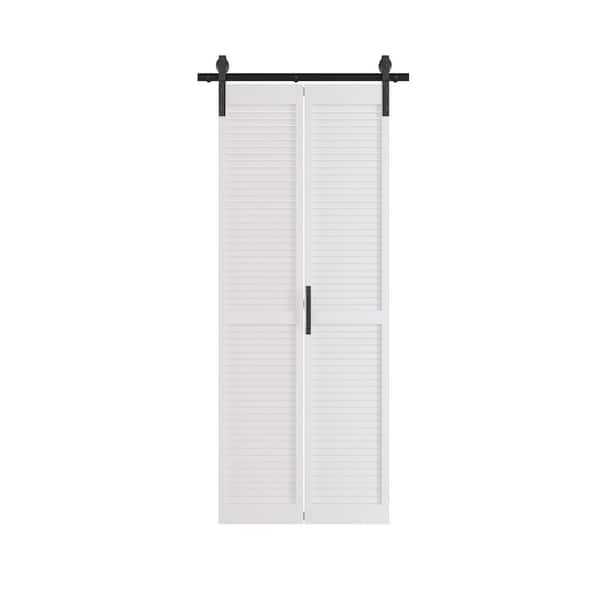 TENONER 24 in. x 84 in. Louvered Panel, White, MDF, Bi-Fold Style, Pre-assembled Panel Sliding Barn Door with Hardware Kit