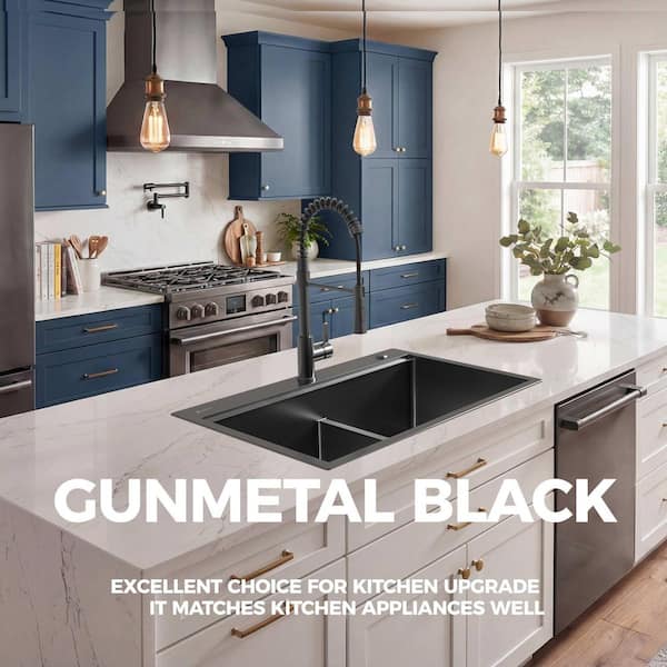 Glacier Bay 33 in. Drop-In Double Bowl 18 Gauge Gunmetal Black