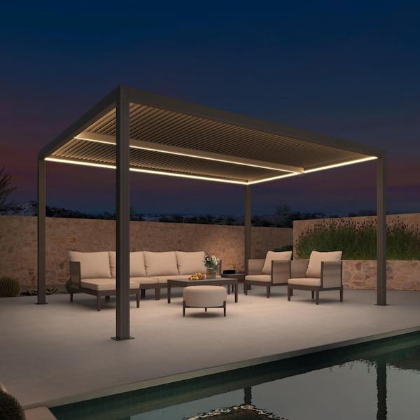 PURPLE LEAF 12 ft. x 14 ft. Bronze Aluminum Frame Patio Louvered Pergola Gazebo with Adjustable Sunshade Roof and LED Strip Lights