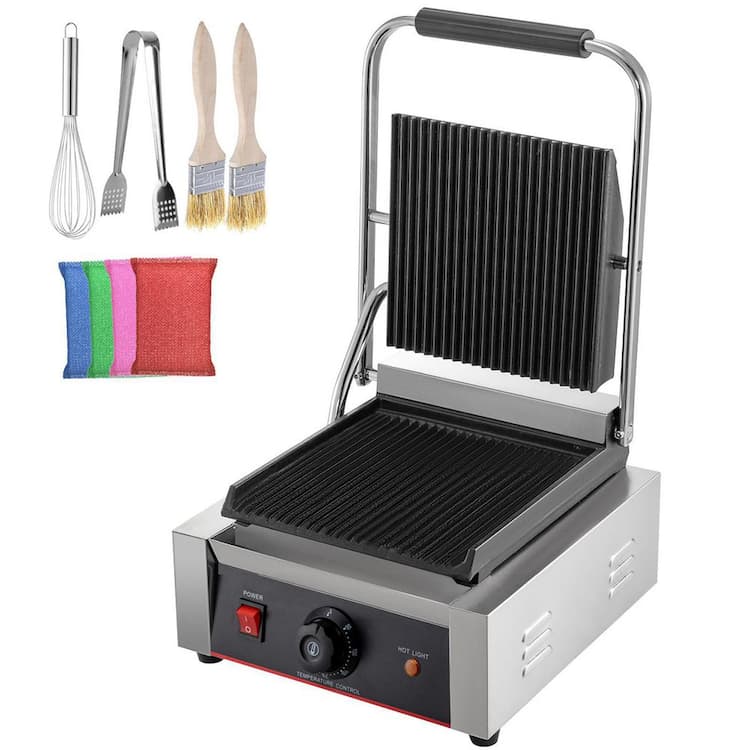 VEVOR Commercial Sandwich Panini Press Grill 1800-Watt Single Full Grooved Plates Stainless Steel Sandwich Maker, Silver