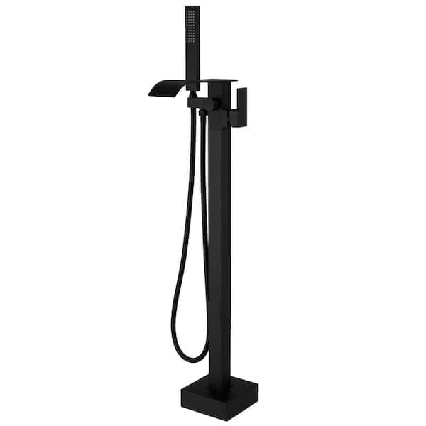 Single-Handle Freestanding Tub Faucet with Hand Shower Brass Waterfall Floor Mount Tub Filler in. Matte Black