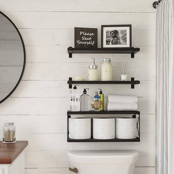 16.5 in. W x 6 in. D Grey Wood Floating Bathroom Shelves Wall Mounted with Wire Basket Decorative Wall Shelf