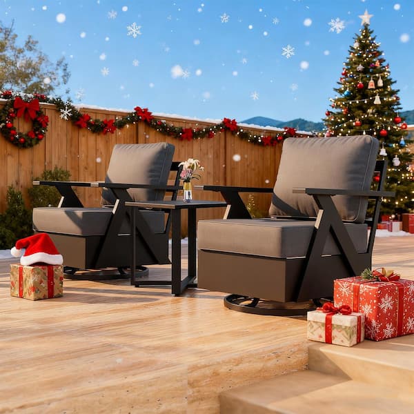 3-Piece Black Aluminum Swivel Outdoor Rocking Chair with Gray Cushion, Patio Conversation Set with Coffee Table