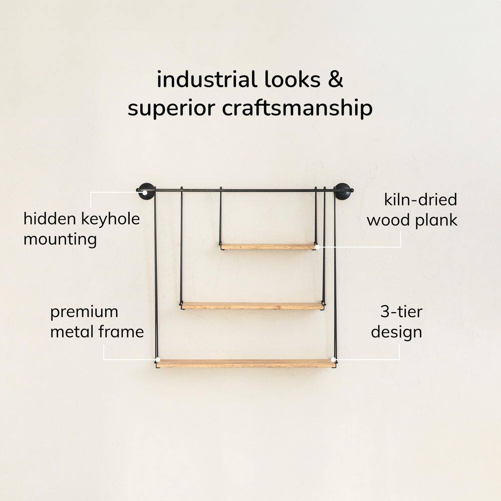 Sleek Scandinavian Black Iron & Wood 3-Tier Floating Shelf