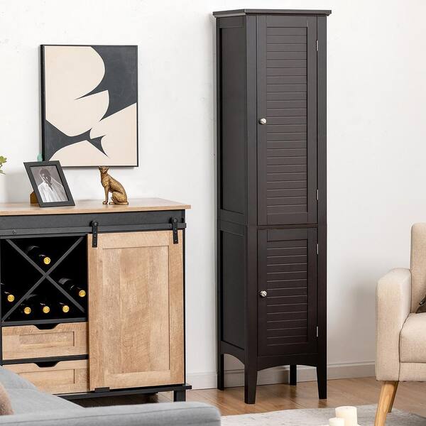 Wood Freestanding Bathroom Storage Cabinet with Double Shutter Door-Black | Costway