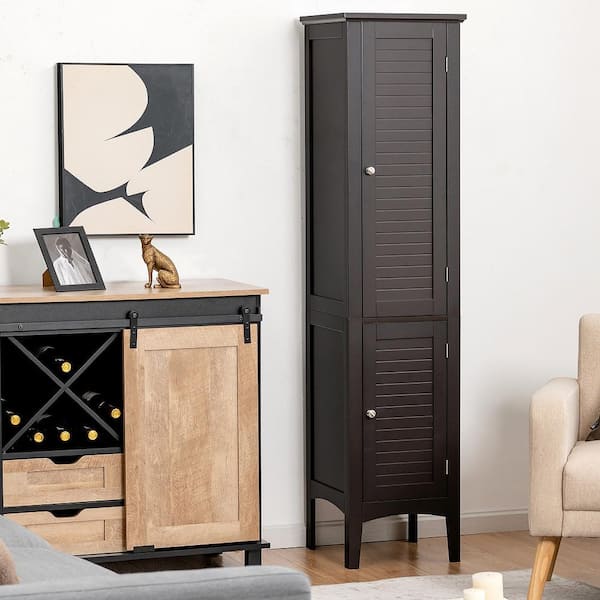 14.5 in. W x 14.5 in. D x 63 in. H Wood Freestanding Linen Cabinet Bathroom Storage Cabinet in Brown