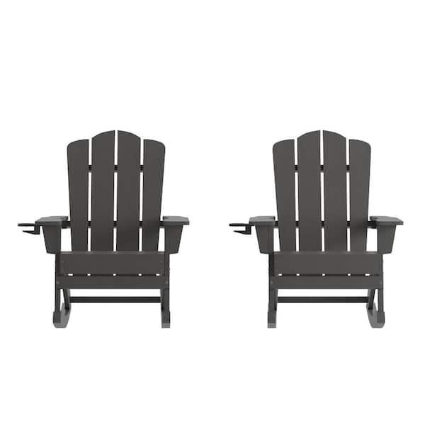 Carnegy Avenue Newport Gray Weather Resistant Plastic HDPE Adirondack Outdoor Rocking Chair with Cup Holder (Set of 2)