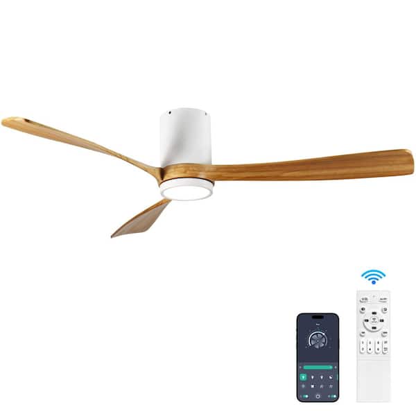 52 in. Modern White Indoor Solid Wood Brown Blades Flush Mount Ceiling Fan with Dimmable LED Light, APPandRemote Control