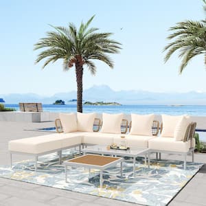 8-Piece Metal Outdoor Sectional Sofa Set with Tempered Glass Coffee Table and Wooden Coffee Table, Beige Cushions