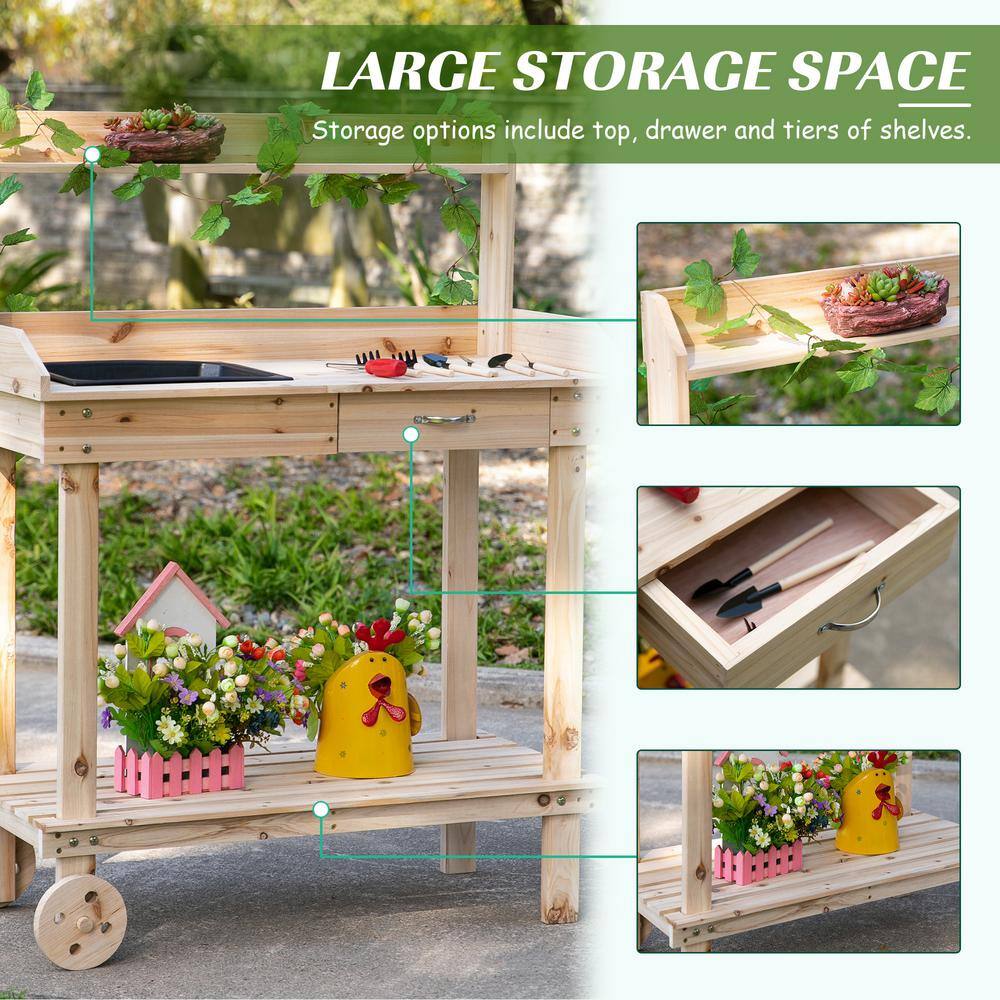 Natural Wood Potting Bench with Sink, Drawer, and Wheels