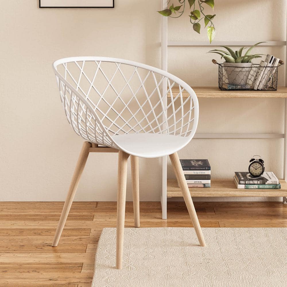 Modern White & Natural Wood Contoured Arm Chair, Set of 2