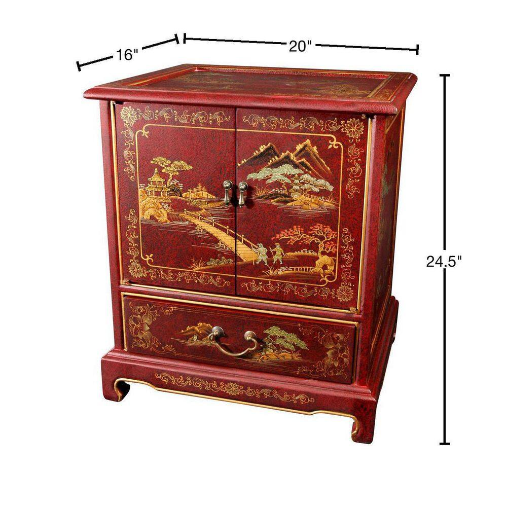 Red Landscape Oriental Elmwood End Table with Drawer