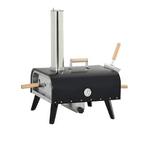 12 in. Rotating Stone Portable Wood Fire Pizza Oven Black Outdoor Pizza Oven with Foldable Legs Thermometer, Accessories