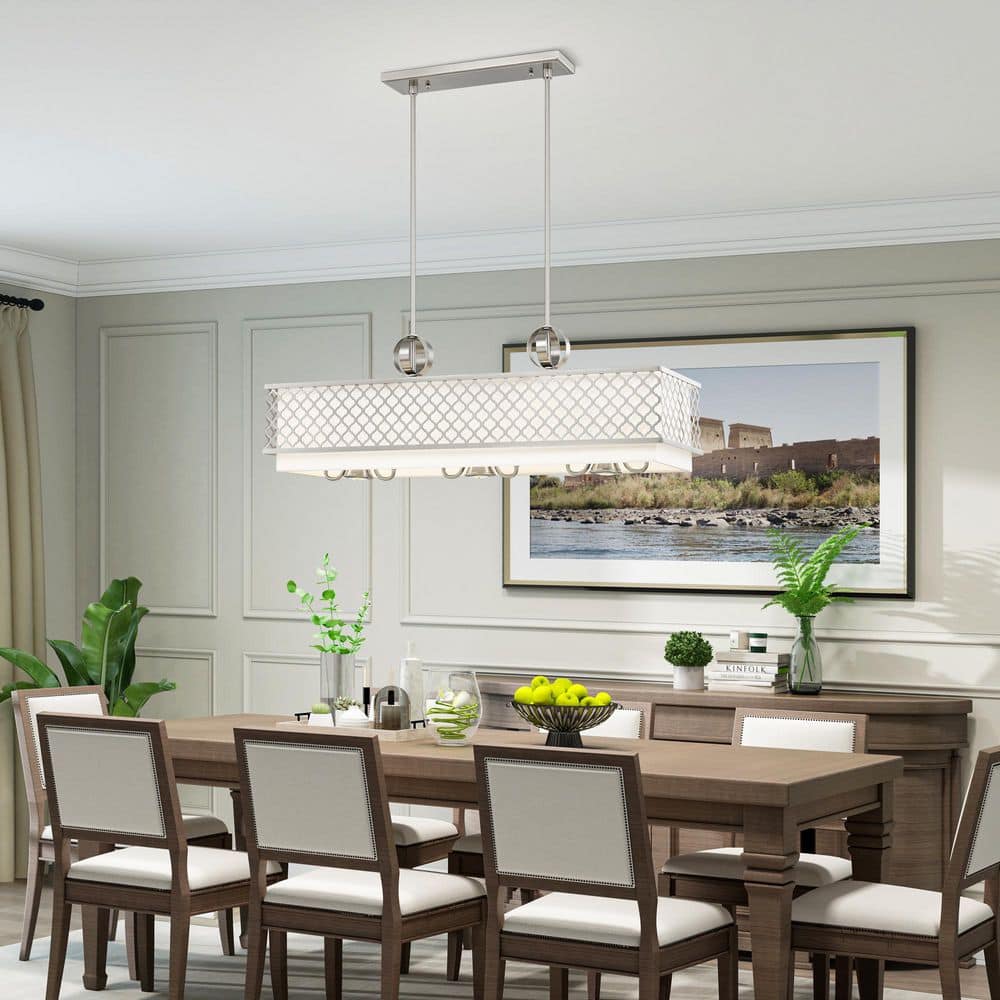 Arabesque Brushed Nickel 9-Light Linear Chandelier with Fabric Shade