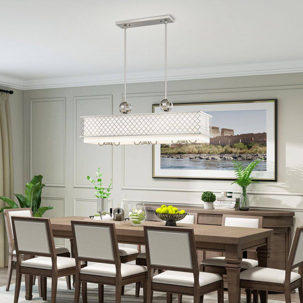 Arabesque Brushed Nickel 9-Light Linear Chandelier with Fabric Shade