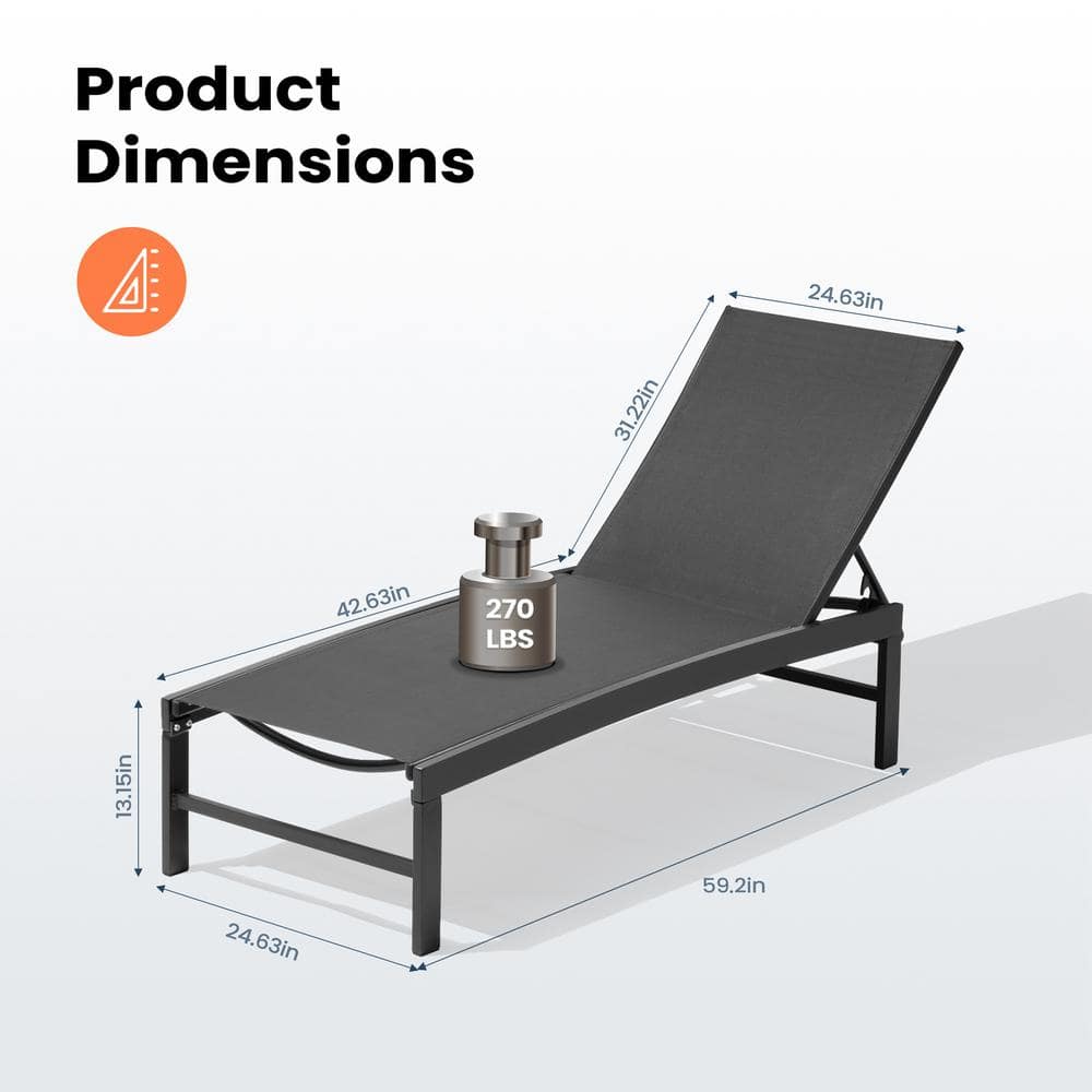 Black Adjustable Aluminum Outdoor Chaise Lounge Set with Wheels