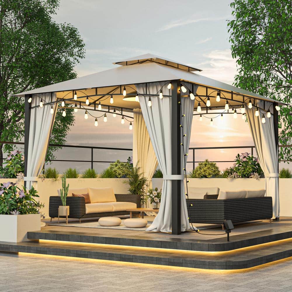 10 ft. x 12 ft. Beige Soft top Metal Gazebo with Mosquito Net, Double Roof 