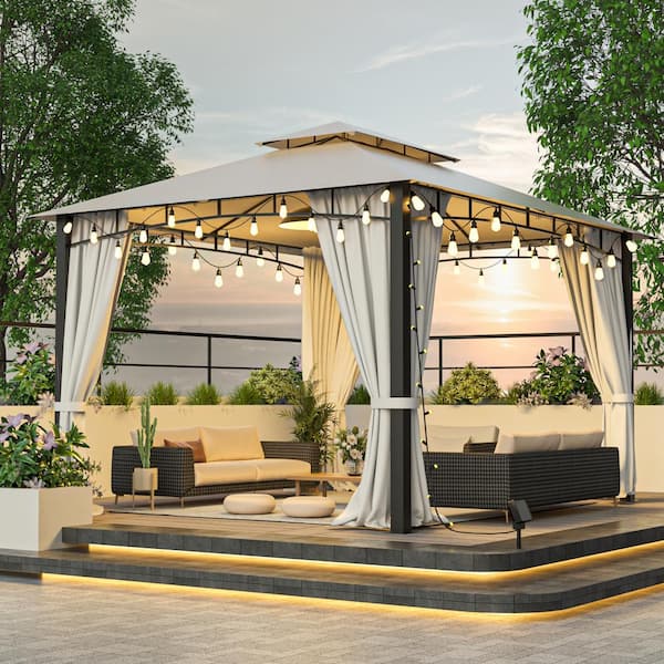 Unbranded 10 ft. x 12 ft. Beige Soft top Metal Gazebo with Mosquito Net, Double Roof and Curtains for Garden, Patio, Backyard