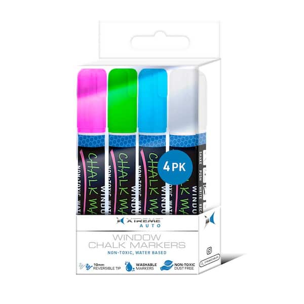Auto Window Chalk Markers, 4 Pack Blue Green Pink White, Shake, Push, Write