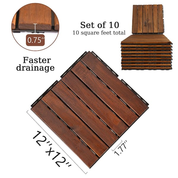 12 in. x 12 in. Square Acacia Wood Interlocking Flooring Tiles Striped Pattern Pack of 10 Tiles