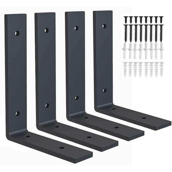 8 x 6 in. Heavy Duty Metal Shelf Brackets Black Industrial L Bracket Rustproof Iron with Hardware 4 Pack
