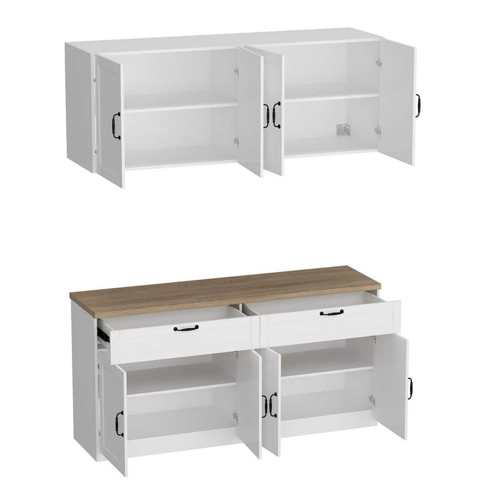 FUFUGAGA White Wooden Sideboard, Storage Cabinet, with Wall Mounted  Kitchen Cabinet( Two Parts LBB-KF210186-01+02-c The Home Depot
