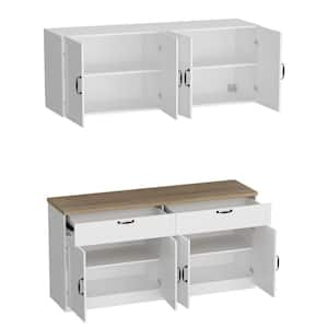 White Wooden Sideboard, Storage Cabinet, with Wall Mounted Kitchen Cabinet( Two Parts )