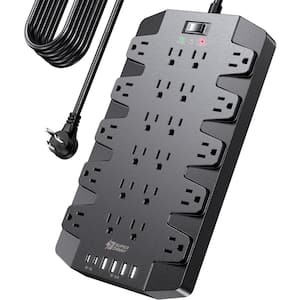 14-Outlets Power Strip Surge Protector with 2 USB-C, 4 USB-A & 15 ft. Flat Plug Extension Cord, Wall Mount in Black